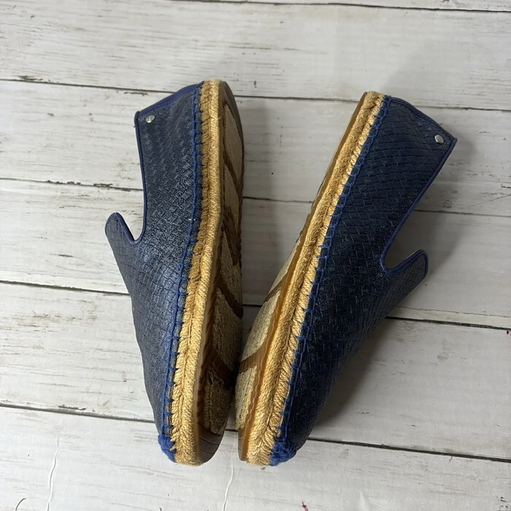 UGG SANDRINNE METALLIC LEATHER BASKET WEAVE BLUE ESPADRILLE